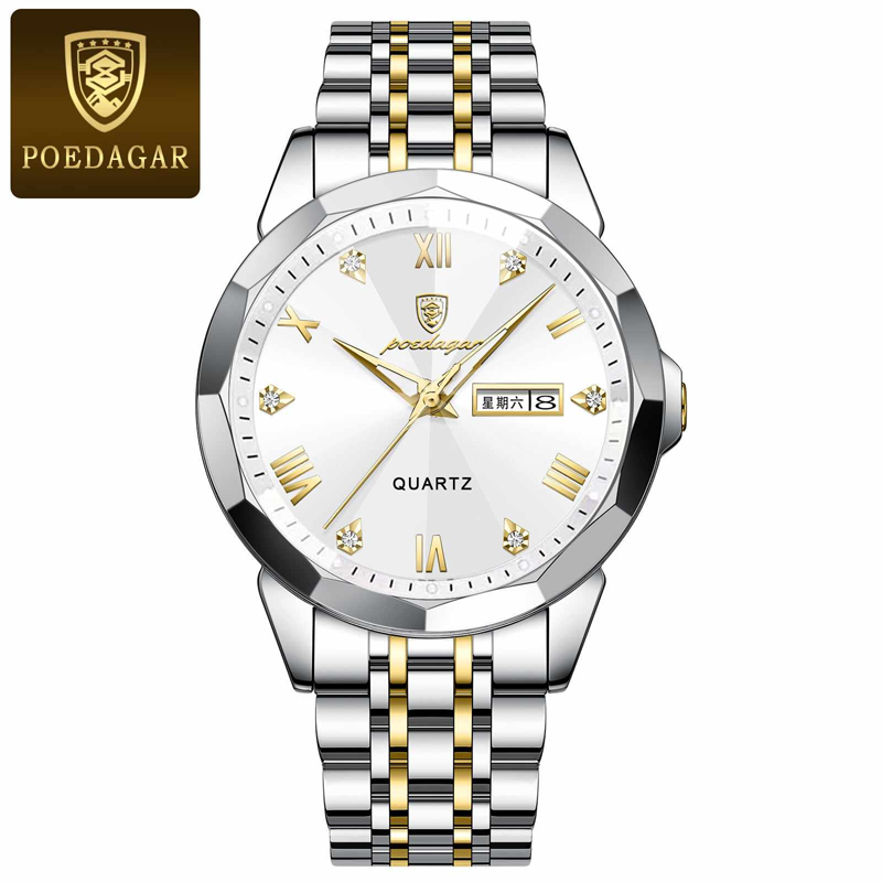Poedagar PO810 Luminous Date Week Man Stainless Steel Wristwatch (Gold White)